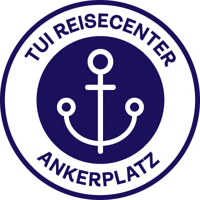 Blau-weißes Logo des TUI ReiseCenter Ankerplatz mit Anker in der Mitte